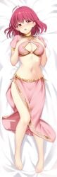 1girl blush breast_window dakimakura_pose dancer dancer_outfit gold_trim hands_on_breasts large_breasts looking_at_viewer lyria_(tear_ring_saga) nabunabu purple_hair red_eyes tear_ring_saga tear_ring_saga:_utna_heroes_saga thigh_gap thighs tummy