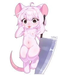 anthro black_eyes blep blush breasts digitigrade eyelashes feet female female_anthro fur genitals hair hi_res knife looking_at_viewer mammal mouse mouse_tail murid murine navel nude roden rodent semi-anthro simple_background smile solo text thick_thighs tongue tongue_out ttaki vaginal vulva white_body white_fur