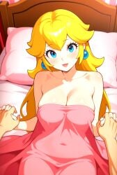 1boy 1girl ai_generated big_breasts blonde_hair blue_eyes blush breasts cleavage earrings holding_hands in_bed long_hair mario_(series) naked_female nintendo nude nude_female pov princess_peach sitting_on_bed smile under_blanket