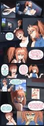 1boy 1girls bedroom blue_eyes brother_complex comic computer english_text jack_knight_(n647) large_breasts neet nipples orange_hair pigtails rose_drake_(n647) vanille_dagoat