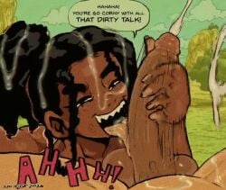 sasha_(spicyfuse), spicyfuse, dark-skinned_female, dialogue_bubble, handjob