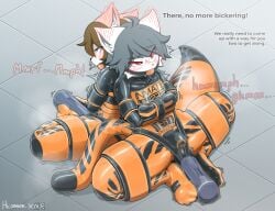 anthro arms_tied ball_gag bdsm bickering binder_(restraint) blush blush_lines bondage bound clothed clothing domestic_cat duo edging english_text felid feline felis forced gag gagged genitals hi_res hicon hiconnen latex latex_clothing latex_skinsuit legs_tied male male/male mammal muffled null_bulge offscreen_character penile penis prison prison_uniform restraints roa_(nightmareroa) sex_toy skinsuit spread_legs spreading straitjacket text text_on_clothing tight_clothing vibrator vibrator_on_penis wand_vibrator