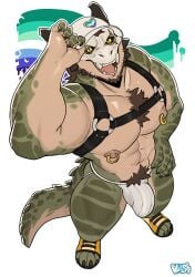 absurd_res ankou_(ankouno) anthro beard black_sclera bluesh body_hair bone bone_mask brown_hair chest_hair chin_spikes claws clothing crocodile crocodilian dragon eye_scar facial_hair facial_scar facial_spikes footwear hair harness hat headgear headwear hi_res horn jockstrap lgbt_pride male mask mythological_creature mythological_scalie mythology nipple_piercing nipple_ring nipples open_mouth piercing pride_colors reptile ring_piercing scalie scar shoes skull skull_mask solo spikes spikes_(anatomy) tail toeless_footwear toeless_shoes underwear vincian_pride_colors yellow_eyes