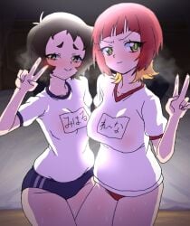 bloomers digimon digimon_beatbreak gerusyu looking_at_viewer sakuya_reina short_hair sweat translation_request underwear v