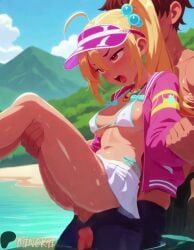 1boy ahoge ai_generated beach bikini blonde_hair blue_sky blush breasts cloud covered_nipples dark_skin day female hair_bobbles hair_ornament hoyoverse jacket jewelry long_hair luciana_de_montefio medium_breasts minokai mp4 navel necklace open_clothes open_jacket open_mouth outdoors penis pink_jacket pussy red_eyes self_upload sex sex_from_behind side_ponytail skirt sky sound straight swimsuit tagme tan tanlines uncensored vaginal_penetration video visor_cap water white_bikini zenless_zone_zero