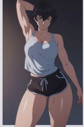 1girl _yumidreams ai_generated arm_behind_head arm_up armpits bangs bare_shoulders black_hair black_shorts breasts cleavage collarbone devil_may_cry devil_may_cry_(netflix) dolphin_shorts green_eyes hair_between_eyes heterochromia lady_(devil_may_cry) lady_(devil_may_cry:netflix) large_breasts looking_at_viewer midriff_peek muscular_female red_eyes short_hair short_shorts shorts solo tank_top thick_thighs thighs tomboy twitter_username