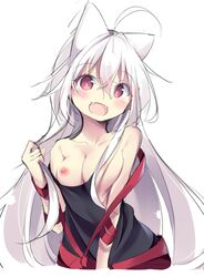 absurdres ahoge animal_ears blush breasts chiya_(urara_meirochou) cleavage collarbone commentary_request fangs female highres kyuukon_(qkonsan) long_hair looking_at_viewer medium_breasts open_mouth portrait red_eyes shirt silver_hair simple_background urara_meirochou white_background