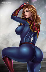 ass bodysuit breasts captain_marvel carol_danvers cleavage female female_only flowerxl full_body_suit looking_at_viewer looking_back marvel marvel_comics solo thick_thighs tight_clothing