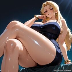 1girls ai_generated big_breasts blonde_hair blush brown_eyes curvy dress jujutsu_kaisen light-skinned_female long_hair milf sitting solo sweat tagme thick_thighs voluptuous wide_hips yorai yuki_tsukumo