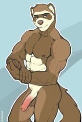 abs abstract_background anthro balls biceps brown_body brown_fur brown_nipples domestic_ferret facial_markings flexing flexing_bicep foreskin fur genitals gradient_penis grey_eyes half-closed_eyes half-erect head_markings hi_res male mammal manly markings mask_(marking) muscular muscular_male mustelid musteline nakamudra narrowed_eyes nipples nude outline partially_retracted_foreskin pecs penis pink_penis seductive setelahjammalam solo true_musteline vein veiny_arms veiny_muscles veiny_penis weasel white_body white_fur
