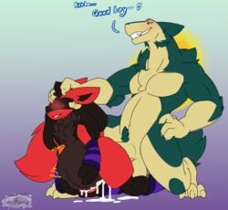 2boys 3_fingers 3_toes 4_fingers aaron_(fluffyaaron) absurd_res alternate_color anal anal_sex anthro anthro_on_anthro anthrofied ass belly big_belly big_ears big_hands big_tail blush brown_fur claws cum cum_inflation cum_on_belly cum_on_ground cum_on_stomach david_(johnithanial) duo english_text feet fire furry gay gloves green_fur half-closed_eyes head_grab heart hi_res huge_ass huge_penis huge_testicles hyper_testicles inflation interspecies johnithanial leaking lucario male male_only messy muscular muscular_male nintendo no_nipples nude original_character paws penis pokemon pokemon_(species) pokemon_dppt pokemon_gsc pubic_hair purple_background purple_eyes red_eyes red_fur sex smile spoken_heart stomach_bulge tail testicles text thick_penis thick_thighs typhlosion video_games watermark wide_hips yaoi yellow_fur