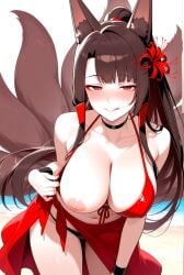 1girl ai_generated akagi_(azur_lane) azur_lane beach big_breasts bikini bikini_top_pull black_bikini_bottom black_choker black_wristband blush breasts brown_hair choker female_only flower_in_hair fox_ears fox_girl fox_tails hair_accessory hair_ornament heart leaning_forward licking_lips long_hair multicolored_bikini one_breast_out one_nipple_out ponytail red_bikini_top red_eyes red_sarong red_spider_lilies sarong seductive_eyes seductive_look seductive_smile ship_girl smile solo_female teasing tongue tongue_out wristbands