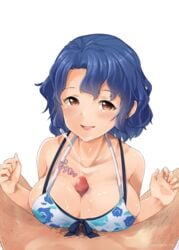 1boy bangs bikini blue_bikini blue_hair blush breast_press breasts brown_eyes censored collarbone cum cum_on_body cum_on_breasts cum_on_upper_body ejaculation eyebrows_visible_through_hair female front-tie_bikini front-tie_top heart highres idolmaster idolmaster_million_live! large_breasts layered_swimsuit looking_at_viewer male_pubic_hair mosaic_censoring open_mouth paizuri parted_bangs penis pov pubic_hair short_hair simple_background smile solo_focus straight strap_gap sweat swimsuit toyokawa_fuuka twitter_username wavy_hair white_background whitecheese_tan