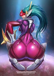 aqua_hair badcompzero big_ass bodysuit dat_ass league_of_legends looking_at_viewer shyvana spank_marks super_galaxy_series super_galaxy_shyvana tagme