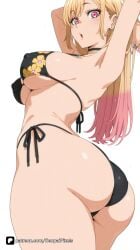 1girl ai_generated armpits arms_behind_head arms_up artist_name ass bangs bikini black_bikini black_choker blonde_hair breasts choker colored_tips covered_nipples ear_piercing earrings floral_print gradient_hair gyaru jewelry kitagawa_marin large_breasts long_hair looking_at_viewer marin_kitagawa multicolored_hair my_dress_up_darling open_mouth patreon piercing pink_eyes pink_hair print_bikini questionable red_eyes senpai_pixels sensitive side-tie_bikini_bottom sideboob simple_background solo sono_bisque_doll_wa_koi_wo_suru string_bikini swimsuit thighs twisted_torso underboob white_background