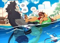beach ben_(the_dogsmith) big_ass big_balls big_breasts big_butt big_penis bikini canine dialogue hidden_sex inu-sama rhoda_(the_dogsmith) speech_bubble swimsuit swimwear text water wolf