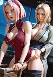 2girls ai_generated bare_shoulders bent_over blonde_hair bracelet breasts brown_eyes china_dress chinese_clothes cleavage cleavage_cutout clothed_sex clothes_pull clothing_cutout collarbone covered_navel dress facial_mark forehead_mark full_moon futa_with_female futanari green_eyes grey_kimono hairband hands_on_another's_hips haruno_sakura japanese_clothes jewelry kimono large_breasts lips long_hair low_twintails mature_female moon multiple_girls naruto naruto_(series) night night_sky no_panties nose open_mouth pants pants_pull penis pink_hair red_dress sash sex sex_from_behind short_hair shorts_pull sky sleeveless standing standing_sex star_(sky) starry_sky sylfuta torso_grab tsunade tsunade_(naruto) twintails vaginal