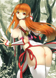 1girls ass ass_focus big_breasts breasts breasts_out brown_eyes brown_hair dead_or_alive dress exposed_breasts female japanese_clothes kasumi_(doa) large_breasts long_hair no_bra no_panties sanbasou sideboob thick_thighs thighhighs white_dress white_thighhighs wind_lift