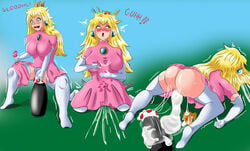 1girls ahe_gao ass blonde_hair breasts clothing cum dildo dress female female_only gutardi long_hair mario_(series) multiple_views mushroom nintendo princess_peach sex_toy simple_background solo source_request super_mario_bros. text