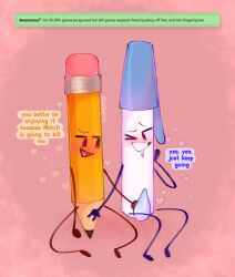 battle_for_dream_island bfdi blush cute drooling fingering hearts mutual_masturbation object_shows pen_(bfdi) pencil_(bfdi) penis pussy pussy_juice