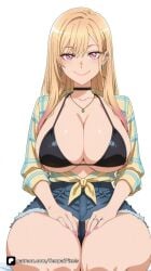1girl ai_generated artist_name bangs bikini bikini_top_only black_bikini black_choker blonde_hair breasts choker cleavage denim denim_shorts ear_piercing earrings jewelry kitagawa_marin large_breasts long_hair looking_at_viewer marin_kitagawa multicolored_hair my_dress_up_darling necklace open_clothes open_shirt patreon piercing pink_eyes pink_hair pink_nails plaid plaid_shirt red_eyes ring seiza senpai_pixels sensitive shirt shorts simple_background sitting smile solo sono_bisque_doll_wa_koi_wo_suru swimsuit thighs tied_shirt white_background