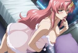 1girl ai_generated aimisaka ass babydoll bed big_belly blue_eyes blush breasts breasts_out dutch_angle finger_in_own_mouth finger_to_mouth from_above gundam gundam_seed hair_ornament hand_on_own_stomach indoors lacus_clyne large_breasts lingerie long_hair looking_at_viewer negligee nightgown nipples no_bra no_panties on_bed parted_lips patreon_url patreon_username pillow pink_hair pregnant see-through shiny_skin solo standing underwear watermark