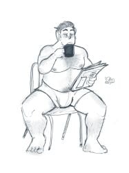 1boy 2026 2d artist_request bulge chest_hair coffee_cup dad_bod digital_media_(artwork) dilf disney gay hoppers male male_only mayor_jerry newspaper nipples pixar reading_newspaper solo spread_legs underwear