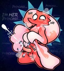 absurd_res anthro balls bodily_fluids breaking_chastity_cage breath chastity_cage chastity_device clothed clothing clothing_lift cum deltarune dress dress_lift ejaculation genital_fluids genitals gynomorph hair hands-free hi_res intersex kneeling long_hair mizzle_(deltarune) otterjunk panting penis powerful_ejaculation princess racha_(otterjunk) royalty thoughts undertale_(series)