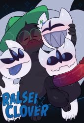 3_heads anthro anthro_on_feral balls bestiality big_penis black_body black_fur blue_eyes blush clothing clover_(deltarune) crushpepper cuddling deltarune eyewear female feral fur genitals glasses green_clothing green_hat green_headwear grin hat headgear headwear heart_symbol hearts_around_head hi_res lying male male/female multi_head nude on_back penis ralsei smile undertale_(series) white_body