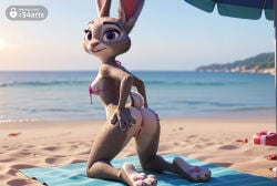 1girls ai_generated animal_ears animal_feet animal_nose anus artist_name ass barefoot beach beach_towel beach_umbrella bikini bikini_top_only blurry blurry_background body_fur bottomless breasts day depth_of_field dirty_feet disney english_text feet female_human from_behind full_body furry furry_female grey_fur hi_res judy_hopps kneeling looking_at_viewer looking_back ocean outdoors pink_bikini purple_eyes pussy r34arts rabbit_ears rabbit_girl rabbit_tail red_bikini sand small_breasts smile soles solo swimsuit tail teeth towel two-tone_fur umbrella uncensored water watermark white_fur zootopia zootopia_2