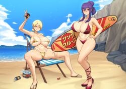 beach beach_background beer beer_can beer_cans bikini blue_eyes breasts chikaretsu closers commission commissioner_upload crossover decal decals flip_flops glasses gold_bikini hand_on_hip harpy_(closers) heels hi_res high_quality large_breasts love mole_on_breast mole_under_eye peace_symbol png purple_hair real_world_location red_eyes revealing_outfit rin_(senran_kagura) senran_kagura spread_legs surfboard suzune_(senran_kagura) sweat teacher thick thick_thighs wet