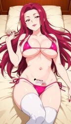 ai_art ai_generated bare_shoulders bikini bikini_bottom bikini_top food_wars from_above hotel_room indoors large_breasts lipstick long_hair lying lying_on_bed micro_bikini nails pink_bikini pink_lipstick pink_nails red_eyes red_hair sakaki_ryouko shokugeki_no_souma side-tie_bikini side-tie_bikini_bottom stable_diffusion thighhighs thighs white_thighhighs