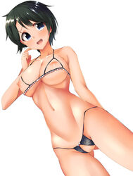 absurdres ass_visible_through_thighs black_bra black_panties blue_eyes blush bra breasts censored crotchless_panties cupless_bra female highres kantai_collection kon5283 lace lingerie looking_at_viewer mogami_(kantai_collection) nipples panties pussy simple_background solo underwear