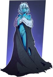 arya_stark big_breasts blue_eyes blue_hair blue_skin bottomless cape corruption covering_pussy female_only femsub game_of_thrones naked naked_female open_mouth short_hair solo topless transformation white_hair wrenzephyr2