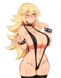 1girls big_breasts bikini blonde_hair blush breasts cleavage female female_only large_breasts looking_at_viewer nightmare-doom sling_bikini solo thighhighs white_background