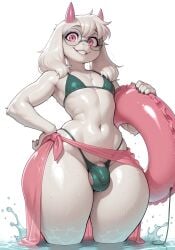 1anthro 1boy 1femboy ai_generated anthro bulge deltarune femboy flat_chest furry goldybo hand_on_hip narrow_waist panty_bulge ralsei ralsei_with_white_fur sarong small_penis standing_in_water string_bikini swim_ring tagme testicles thick_thighs water_splash wide_hips