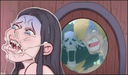 black_hair blue_eyes brook_(one_piece) cropped cropped_image cum cum_in_mouth nico_robin nomad_reverse one_piece sanji sanji_(one_piece) shocked shocked_expression