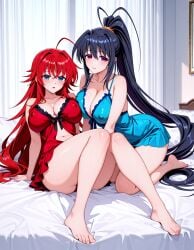 2girls ai_generated akeno_himejima babydoll bed erect_nipples highschool_dxd morning reclining rias_gremory