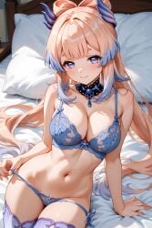1girls ai_generated bedroom_eyes choker genshin_impact large_breasts lingerie pink_hair purple_eyes removing_panties sangonomiya_kokomi solo solo_female undressing