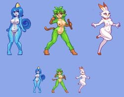 2019 anthro anthrofied ass breasts bunny_ears feet female female_only fur furry green_fur grookey long_ears nintendo nipples noscium nude pixel_art pokémon_(species) pokemon pokemon_ss pussy scalie scorbunny sobble video_games white_fur wide_hips