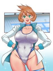 1girl blue_choker breasts brown_hair busty choker clothing competition_swimsuit covered_navel eyelashes female green_eyes hands_on_hips hands_on_own_hips highleg highleg_swimsuit jacket kasumi_(pokemon) large_breasts long_sleeves looking_at_viewer misty_(pokemon) misty_(pokemon_hgss) multicolored multicolored_clothes multicolored_swimsuit navel one-piece_swimsuit open-mouth_smile open_clothes open_jacket open_mouth orange_hair pokemon pokemon_gsc pokemon_hgss pool poolside roy10113a short_hair smile solo sparkle sportswear standing swimsuit tank_suit thick_thighs thigh_strap thighs white_jacket white_one-piece_swimsuit white_swimsuit