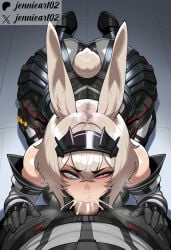 1boy 1girl :>= ai_generated animal_ears ass bare_shoulders black_gloves blue_eyes blush breasts clothing crossed_bangs cum cum_in_mouth cum_in_nose cum_overflow deepthroat detached_sleeves ejaculation elbow_gloves erection fellatio female gloves grey_hair hair_between_eyes hairband hetero heterochromia jennieart02 kneeling large_breasts long_hair looking_at_viewer male open_fly oral patreon patreon_logo patreon_username penis penis_out pink_eyes pov_crotch rabbit_ears rabbit_girl rabbit_tail red_eyes saliva semen short_hair solo_focus sweat tail twitter twitter_username under_table veins veiny_penis watermark