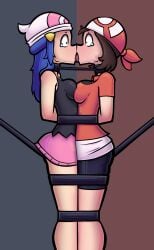 2girls arms_behind_back blue_hair bondage bound_together breast_press brown_hair collar concaerus crotch_rope dawn_(pokemon) eyes_wide_open kissing linked_collar may_(pokemon) pokemon skirt tears wide_eyed