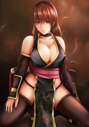 1girls big_breasts black_dress black_thighhighs breasts brown_eyes brown_hair dead_or_alive dress exposed_breasts female japanese_clothes kasumi_(doa) large_breasts long_hair nannacy7 pelvic_curtain thighhighs