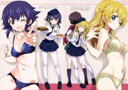 10s 3girls absurd_res beret black_hair blonde_hair blue_bra blue_panties blush bra braid breasts brown_eyes caesar_(girls_und_panzer) carpaccio_(girls_und_panzer) cleavage closed_eyes cowboy_shot from_behind girls_und_panzer green_eyes hair_flip hand_on_own_hip hat highres kurashima_tomoyasu loafers long_hair looking_at_viewer multiple_girls navel necktie one_eye_closed ooarai_school_uniform open_mouth panties pantyhose pepperoni_(girls_und_panzer) pointing pointing_at_viewer red_scarf scan scarf school_uniform shoes short_hair side_braid smile tongue tongue_out underwear underwear_only w white_legwear yellow_bra yellow_panties