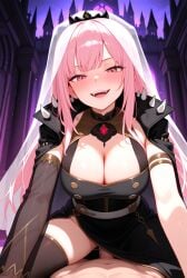 1boy 1girl ai_generated armlets big_breasts black_cape black_dress black_stockings black_tiara blush breasts cape castle cleavage clothed clothed_female clothed_female_nude_male cowgirl_position detached_sleeves dress hololive hololive_english hololive_myth legs_spread long_hair mori_calliope naked_male nude nude_male penis_in_pussy pink_eyes pink_hair pov see-through_sleeves sex smile stockings tiara vaginal_penetration veil virtual_youtuber vtuber white_veil