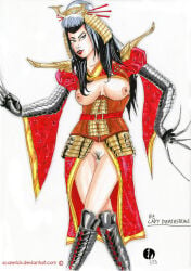 1girls 2013 black_hair breasts claws female japanese_clothes lady_deathstrike marvel nipples pussy scarerick solo traditional_media_(artwork) x-men