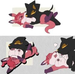 akila_(snazzle_snapp) anthro between_legs big_breasts black_body black_fur bodily_fluids breast_play breast_suck breasts canid canine canis dominant dominant_female egyptian female female/female fur hi_res jackal juggz_(drinkspaintwater) kangaroo lactating looking_pleasured macropod mammal marsupial milk pink_body pink_fur snazzle_snapp sucking willing_prey yellow_eyes