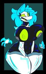 anthro areola big_breasts black_body black_border blue_hair border bottomless breast_grab breasts clothed clothing darkner deltarune disembodied_hand eyelashes fangs felid female floating_hands front_view genitals green_areola green_background green_nipples green_sclera green_vulva hair hand_on_breast hi_res huge_breasts legwear machine mammal nipples open_clothing open_topwear robot robot_anthro rot_ware_(artist) simple_background solo tasque_manager teeth thick_thighs thigh_highs topwear undertale_(series) vulva white_body white_clothing white_eyes white_legwear white_thigh_highs white_topwear wide_hips