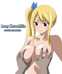 blonde_hair blonde_hair_female breast_grab breasts brown_eyes ecchianimeedits expressionless fairy_tail female groping large_breasts lucy_heartfilia nude